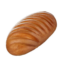 Beautiful loaf of white freshly baked bread with a golden crust, isolated on a white background.