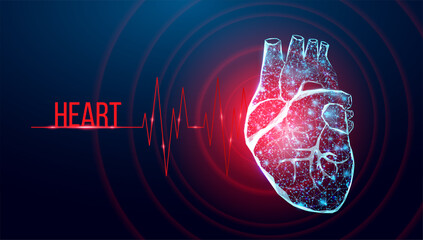 Human heart wireframe. World heart day concept. Banner template glowing low poly. Futuristic modern abstract. Isolated on dark background. Vector illustration.