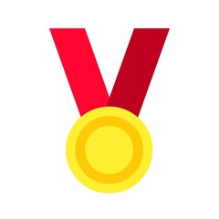 Golden medal with red ribbon. Winner medal vector design illustration isolated on white background. Sports medal. Sport Tournament, Victory Concept. Professional golden trophy award