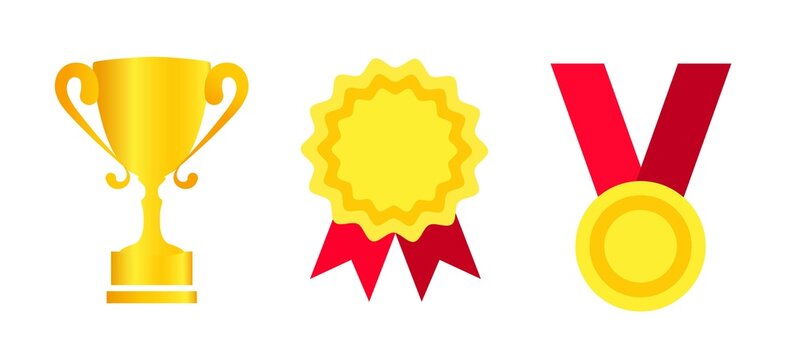 Set of golden awards, trophies and medals. Golden cup, medal and order with red ribbon in cartoon style. Design elements for games, applications. Elements of competition awards