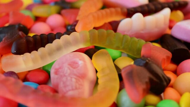 Closeup skull candy with colorful candies for halloween, selective focus