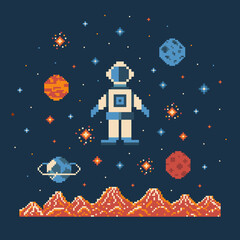 Pixel Art Retro Astronaut in Outer Space