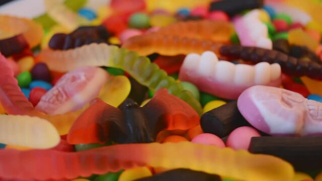 Closeup skull candy with colorful candies for halloween, selective focus