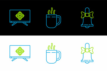 Set line Merry Christmas ringing bell, on television and Coffee cup icon. Vector