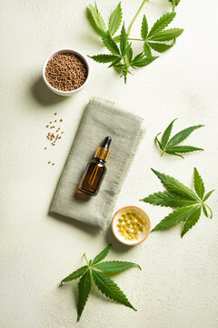 Hemp cannabis leaves and oil in bottle and capsules