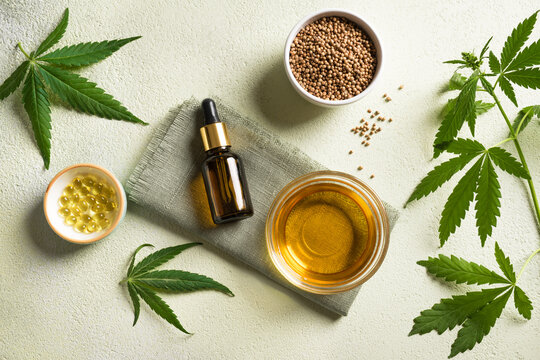 Hemp cannabis oil, leaves and seeds