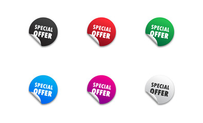 Special offer stickers set. Colorful round buttons with folded edges, lettering and shadows. Flat vector illustration.
