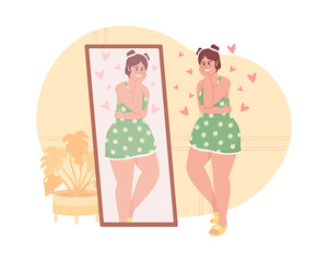 Happy plump woman looking in mirror 2D vector isolated illustration. Lady with curvy shapes flat character on cartoon background. Self love colourful editable scene for mobile, website, presentation