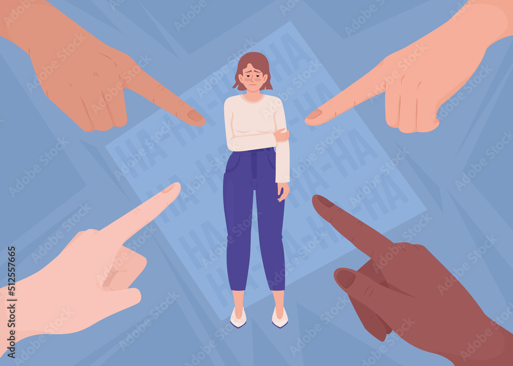 Poster ashamed woman and pointing hands flat color vector illustration. condemnation. mental disorder stigm
