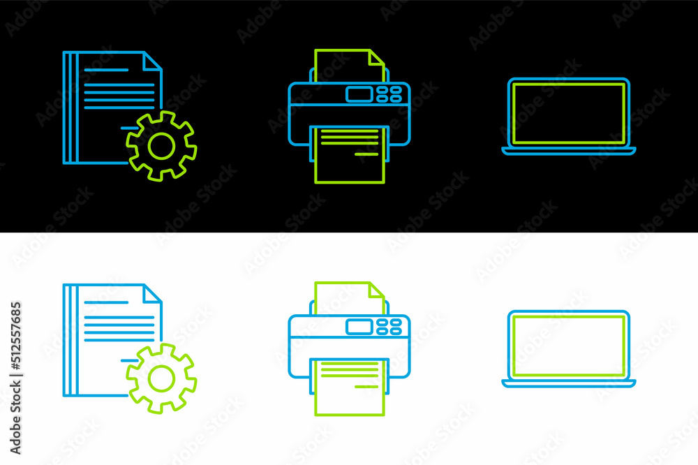 Poster set line laptop, document settings with gears and printer icon. vector