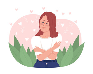 Smiling woman hugging herself 2D vector isolated illustration. Mental health flat character on cartoon background. Positive self esteem colourful editable scene for mobile, website, presentation