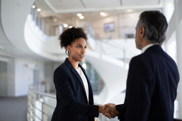 African American businesswoman shaking hands with a businessman