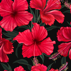 Lovely red hibiscus flowers. Seamless tropical wallpaper. Exotic tropical pattern. Hand drawn 3d illustration for fabric, wallpaper, paper - obrazy, fototapety, plakaty