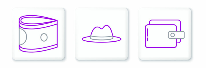 Set line Wallet, Stacks paper money cash and Man hat with ribbon icon. Vector