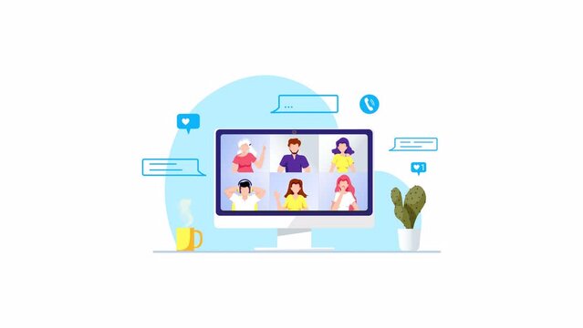 Laptop screen with chatting people.  Video conferencing, Online meeting, Work at home, Distance learning concept. Animation video.