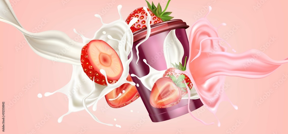 Aufkleber milk liquid splashing with strawberries smoothie of tropical fruits on solid color background. vecto