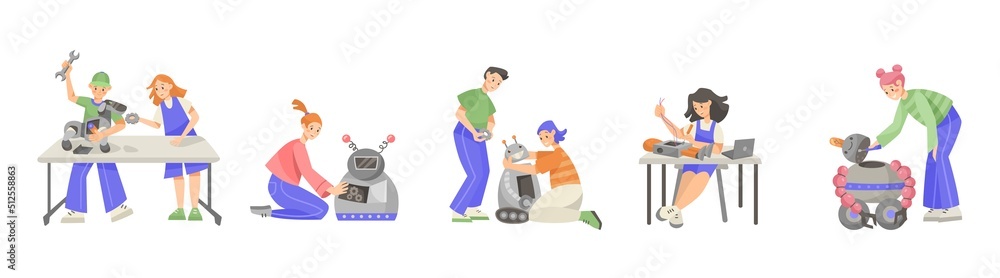 Poster kids making robots during science class vector illustrations set. boys and girls as scientists build
