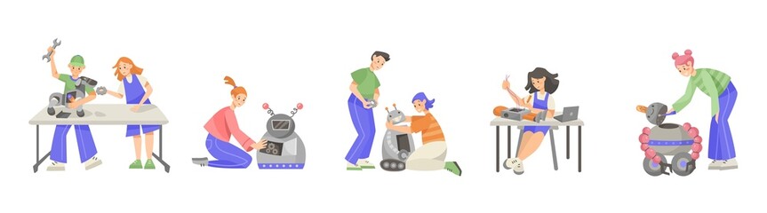 Kids making robots during science class vector illustrations set. Boys and girls as scientists building machines isolated on white background. Robotics, development, education concept