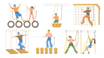 People having fun on rope course vector illustrations set. Zipline and other attractions, adults and kids having fun in park on white background. Outdoor activity, sports, entertainment concept