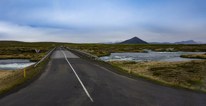 A bridge on a road leading to volcanic crater in Northern Iceland