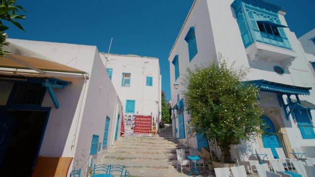 White-blue city of Sidi Bou Said. Colorful streets Tunis. Sidi Bou Said architecture, sights, traditional houses.
