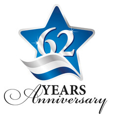 62 years anniversary isolated blue star silver white blue flag ribbon logo icon