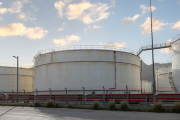 White petrochemical storage tanks or tank farm
