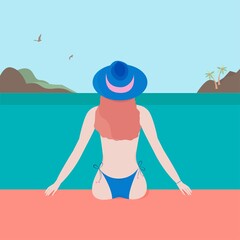 Girl resting on the sea, a great design for any purpose. Summer vacations. Women's fashion. Free travel. Vacation summer beach background. Blue water background. Summer vacation.