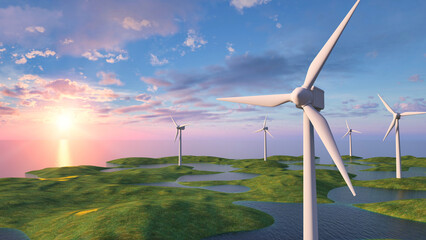 Offshore wind turbine farm landscape. Windmill at sunset for green energy or renewable energy...