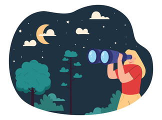 Girl looking through binoculars on night forest and nature. Hike adventure of female character flat vector illustration. Excursion, vision concept for banner, website design or landing web page