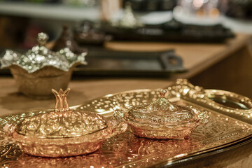 Traditional turkish ornate metal tray in the gift shop
