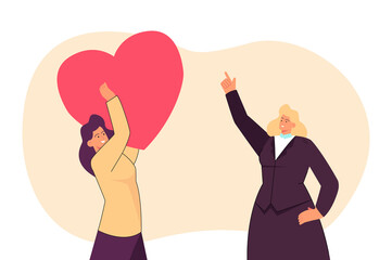 Fototapeta na wymiar Businesswoman pointing at red heart in hands of volunteer. Tiny girl holding symbol of care and volunteering flat vector illustration. CSR concept for banner, website design or landing web page
