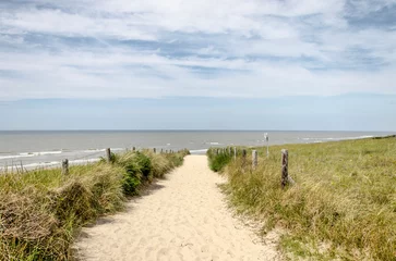 Papier Peint photo Mer du Nord, Pays-Bas Chemin de sable menant en diagonale à travers les dunes jusqu& 39 à la plage, avec la mer du Nord en arrière-plan, entre Zandvoort et Noordwijk aux Pays-Bas