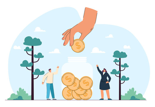 Hand giving dollar coin to glass jar. Donation and financial assistance for tiny man and woman flat vector illustration. Charity, finance, help concept for banner, website design or landing web page