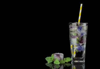 Glass with ice, cold water fresh mint and edible flowers