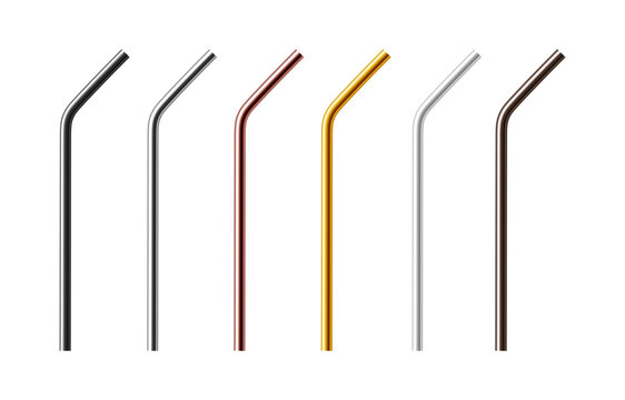 Set of reusable metal drinking straws. Realistic vector illustration isolated on white background.