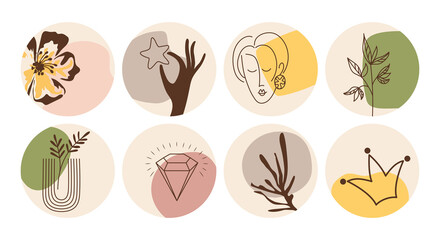 Vector set of round boho icons and emblems for social media story highlight covers. Hand-drawn trendy design templates for bloggers, designers and photographers.