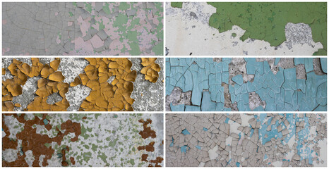 Set of peeling paint textures. Old concrete walls with cracked flaking paint. Weathered rough painted surfaces with patterns of cracks and peeling. Collection of panoramic backgrounds for design.