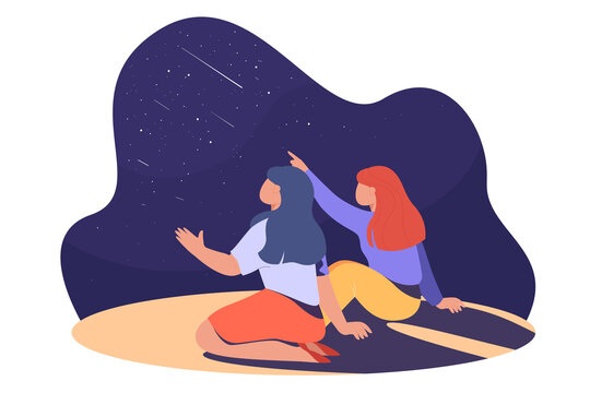 Back view of two women watching sky at night. Friends or girlfriends on date looking at stars flat vector illustration. Dreams, astronomy concept for banner, website design or landing web page