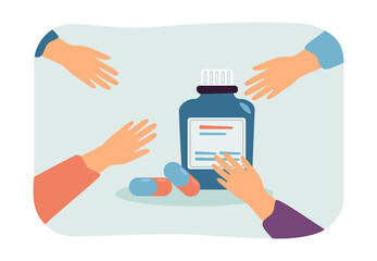 Hands reaching for bottle of vitamins and supplements. People taking capsules from container flat vector illustration. Medicine, drugstore concept for banner, website design or landing web page
