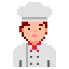 Chef isolated on white background. Female cook pixel game style illustration. Vector pixel art design. 8 bit character icon.