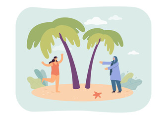 Muslim woman in hijab and girl in bikini walking near palm trees. Women of different cultures on tropical island flat vector illustration. Travel concept for banner, website design or landing web page
