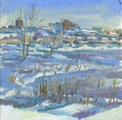 winter landscape lake evening painting - 512565649