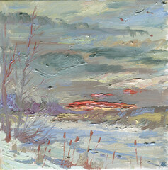 winter landscape evening thaw painting