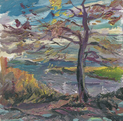 tree on the background of the river painting