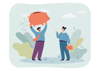 Financial advisor and man holding huge piggy bank. Person investing money, depositing money in bank flat vector illustration. Finance, economy concept for banner, website design or landing web page