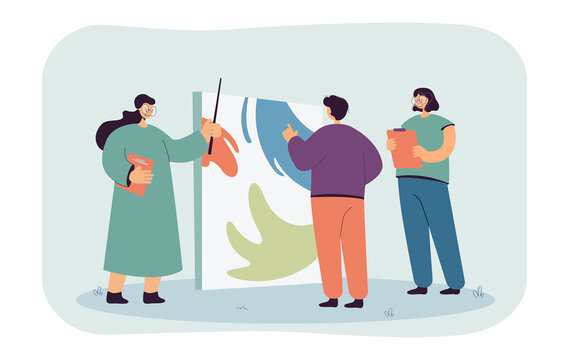 Man with teachers looking at painting flat vector illustration. Art lesson at school. Education, knowledge, creativity concept for banner, website design or landing web page