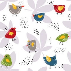 The pattern is seamless with cute birds and leaves. A hand-drawn drawing. Leaflet, greeting, invitation, poster, banner, postcard, web, packaging, paper, textiles, wallpaper