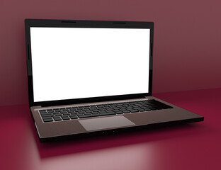 Laptop with blank screen isolated on red background, white aluminium body. Whole in focus. High detailed. 3d illustration.
