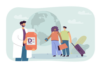 Tiny doctor recommending vitamin D to tourists. Food supplement in nutrient deficiency for man and woman flat vector illustration. Health, travel concept for banner, website design or landing web page